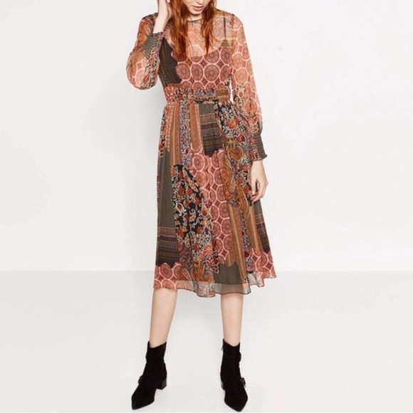 Zara Dresses & Skirts - Zara Bohemian Paisley Print Patchwork Fall Midi boho Dress medium long sleeve